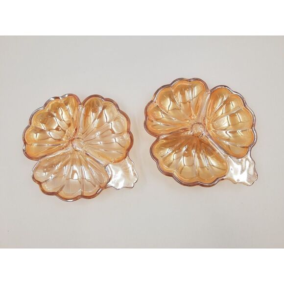 Jeannette Glass Marigold Iridescent Carnival Glass Doric Clover Leaf Candy Dish - Picture 2 of 8